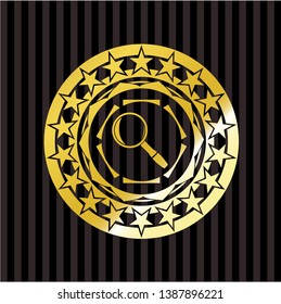 magnifying glass icon inside gold emblem