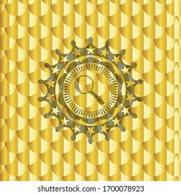 magnifying glass icon inside gold shiny badge. Scales pattern. Vector Illustration. Detailed.