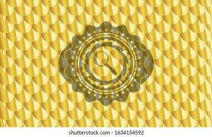 magnifying glass icon inside golden emblem. Scales pattern. Vector Illustration. Detailed.