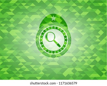 magnifying glass icon inside green emblem. Mosaic background