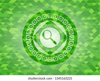 magnifying glass icon inside green emblem. Mosaic background