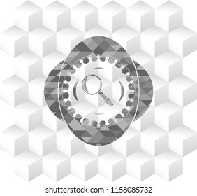 magnifying glass icon inside grey badge with geometric cube white background