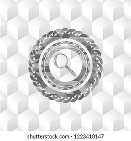 magnifying glass icon inside grey icon or emblem with geometric cube white background