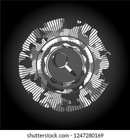 magnifying glass icon inside grey camouflaged emblem