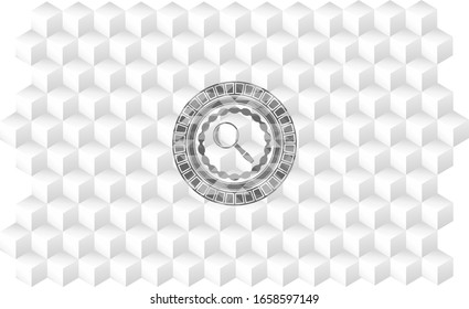 magnifying glass icon inside grey badge with geometric cube white background