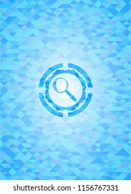 magnifying glass icon inside light blue emblem with triangle mosaic background