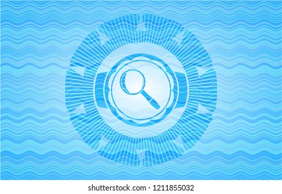 magnifying glass icon inside light blue water emblem background.