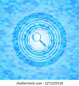magnifying glass icon inside light blue emblem. Mosaic background