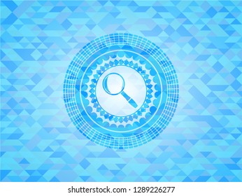 magnifying glass icon inside light blue emblem with triangle mosaic background