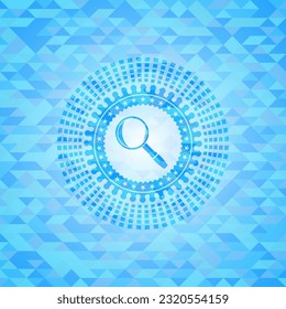 magnifying glass icon inside light blue mosaic emblem. 