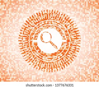 magnifying glass icon inside orange mosaic emblem with background