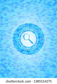 magnifying glass icon inside realistic light blue emblem. Mosaic background