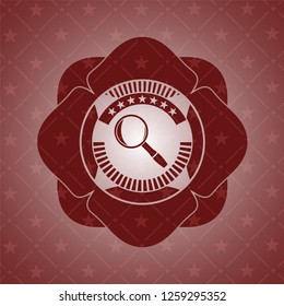 magnifying glass icon inside red emblem. Retro