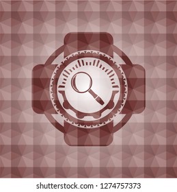 magnifying glass icon inside red emblem with geometric pattern background. Seamless.