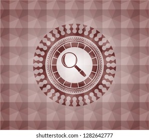 magnifying glass icon inside red emblem with geometric background. Seamless.
