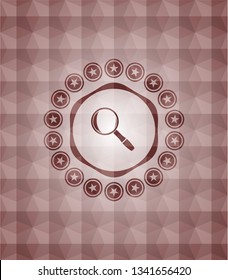 magnifying glass icon inside red seamless emblem or badge with abstract geometric polygonal pattern background.