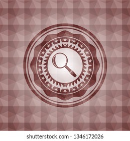 magnifying glass icon inside red emblem or badge with abstract geometric polygonal pattern background. Seamless.