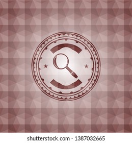 magnifying glass icon inside red seamless badge with geometric background.