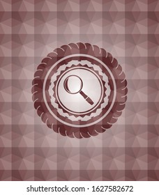 magnifying glass icon inside red emblem with geometric background. Seamless.