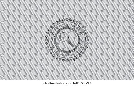magnifying glass icon inside silver shiny emblem. Scales pattern. Vector Illustration. Detailed.