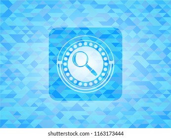 magnifying glass icon inside sky blue mosaic emblem