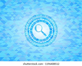 magnifying glass icon inside sky blue emblem. Mosaic background