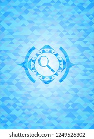 magnifying glass icon inside sky blue mosaic emblem
