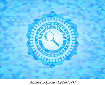 magnifying glass icon inside sky blue mosaic emblem