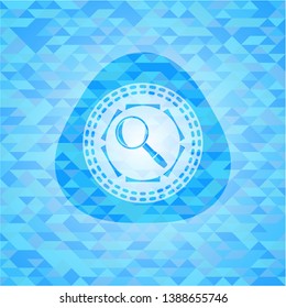 magnifying glass icon inside sky blue emblem with triangle mosaic background