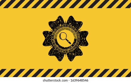 magnifying glass icon inside warning sign, black grunge emblem. Vector Illustration. Detailed.