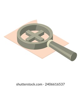 Vector isométrico del icono de vidrio de aumento. Hoja de papel y aumento con más. Concepto de escritura