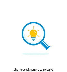 Magnifying glass icon and light bulb. Creativity symbol vector illustration.