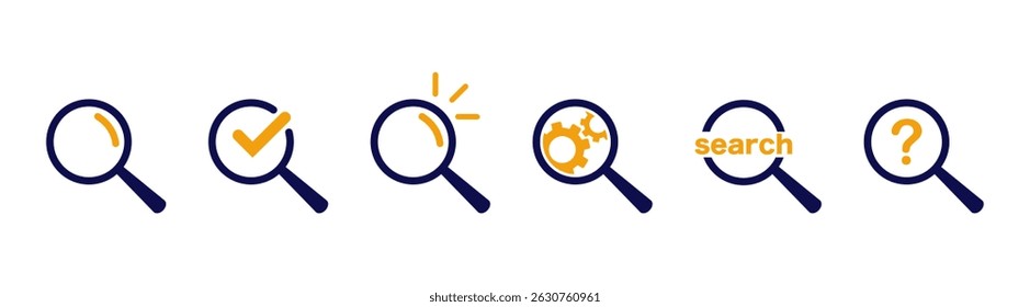 Magnifying glass icon in line style and flat. Magnifier or loupe sign. Search service and control sign.