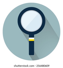 Magnifying glass icon with long shadow.