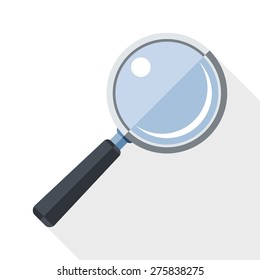 Magnifying glass icon with long shadow on white background