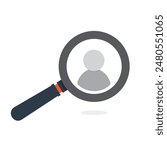 Magnifying glass icon looking for a user profile conceptual vector illustration. User account looking up. Looking for an employee. 