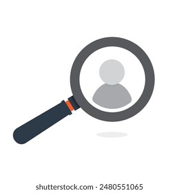 Magnifying glass icon looking for a user profile conceptual vector illustration. User account looking up. Looking for an employee. 