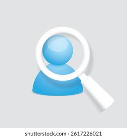 Magnifying glass icon looking for a user profile conceptual vector illustration. User account looking up. Looking for an employee.