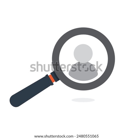 Magnifying glass icon looking for a user profile conceptual vector illustration. User account looking up. Looking for an employee. 