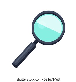 Magnifying glass icon. Loupe with blue glass and black handle. Search tool. Research tool. Business concept. Flat pictogram symbol. Isolated vector illustration on white background.