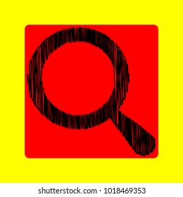 Magnifying glass icon, magnifier or loupe sign. Vector. Black scribble icon in red container with rounded corners at yellow background. Isolated.