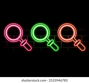 Magnifying Glass Icon Neon Light in many colors.Magnifying glass icon with glowing neon line isolated on black background. Zoom, search, and business symbol..pink.