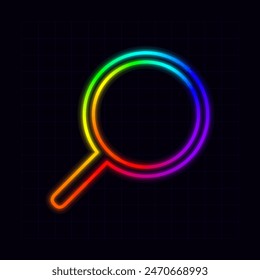 Magnifying glass icon, neon rainbow visuals, gradient mesh graphics, glowing colorful aesthetic.