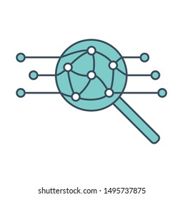 Magnifying glass icon with neural network inside. Applicable as part of artificial intelligence, machine learning design concept. Vector illustration.