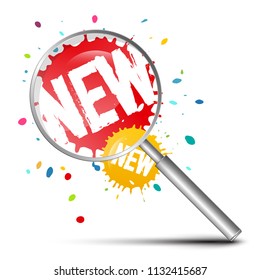 Magnifying Glass Icon with New Labels on Splashes. Business Vector Grunge Design Isolated on White Background.