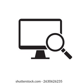 Magnifying glass icon next to computer monitor demonstrating research or investigation at a workspace