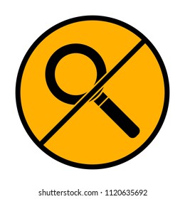 magnifying glass icon. not allowed, black object in warning sign with orange background color