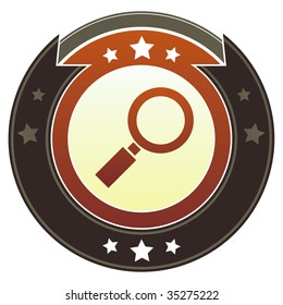 Magnifying glass icon on round red and brown imperial vector button with star accents suitable for use on website, in print and promotional materials, and for advertising.