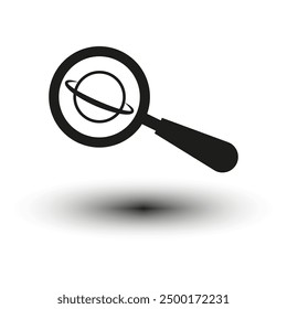 Magnifying glass icon. Planet with rings. Black and white. Space exploration.