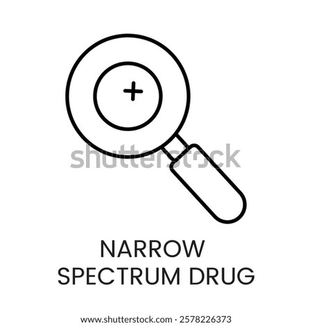 A magnifying glass icon with a plus sign inside, representing analysis and precision in narrow spectrum drugs, in vector style, with an editable stroke.